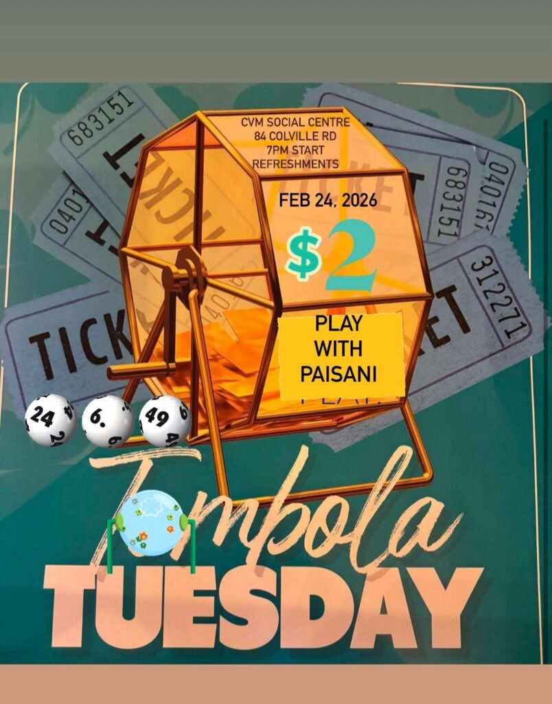 Poster for Tombola Tuesday at CVM Social Centre, 84 Colville Rd, starting at 7:00 PM on February 24, 2026. The design features a golden raffle drum filled with tickets, bingo-style balls showing numbers 24, 6, and 49, and large text reading “$2” and “Play with Paisani.” The words “Tombola Tuesday” appear prominently at the bottom, with refreshments noted.